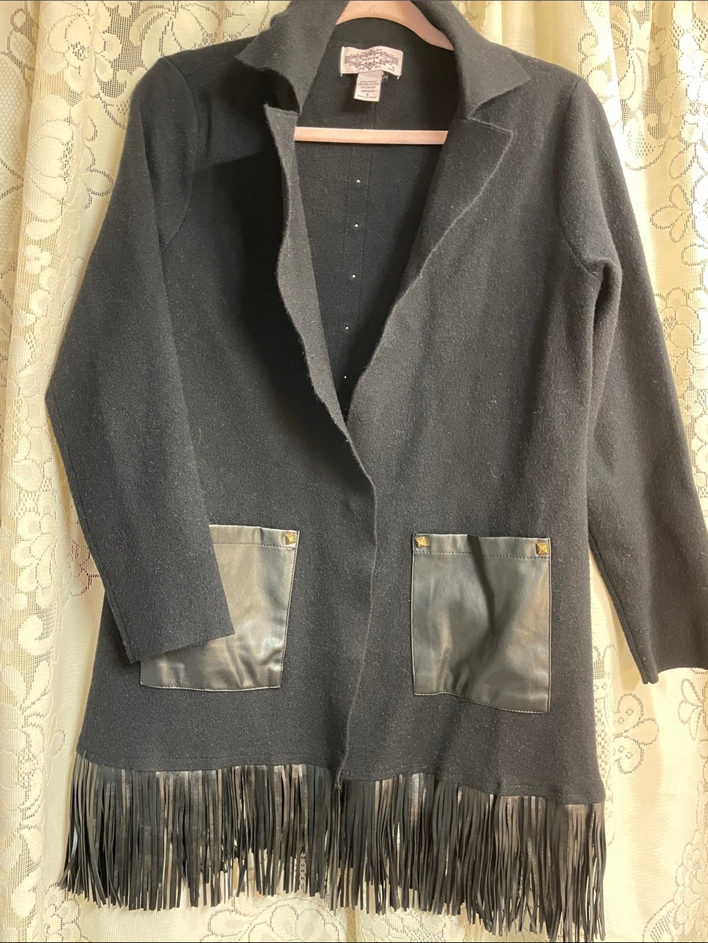 Women's Black Fringe Open-Front Utility Jacket with Faux Leather Pockets size Sm